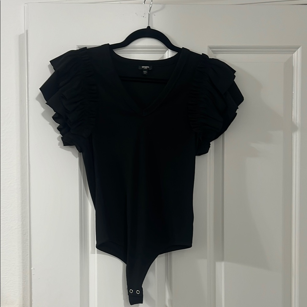Black Ruffled Sleeve Bodysuit from Express